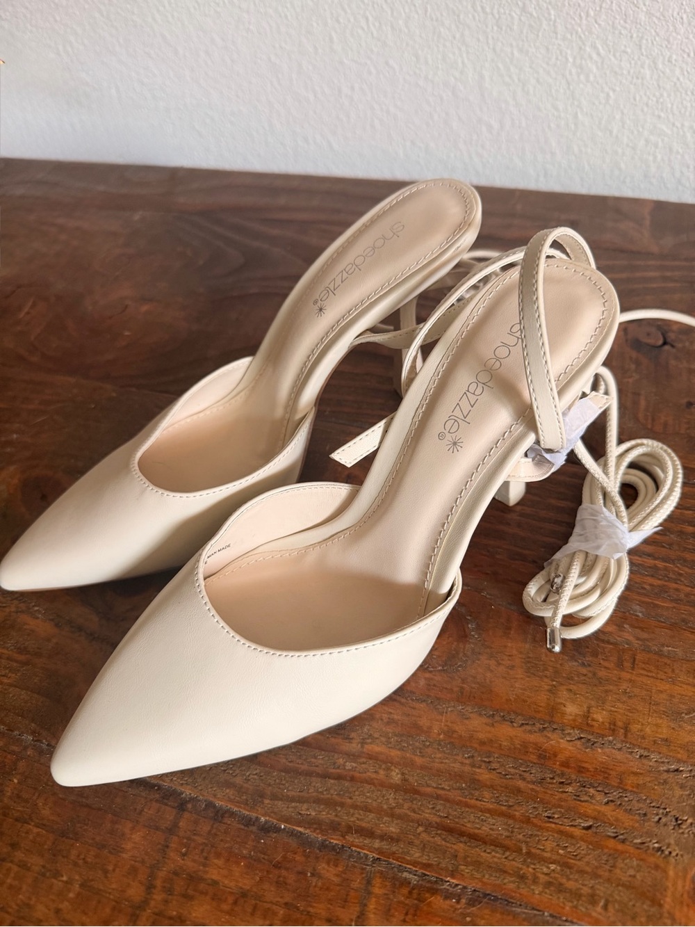 Shoe Dazzle Cream Pointed-Toe Lace-Up Slingback Heels